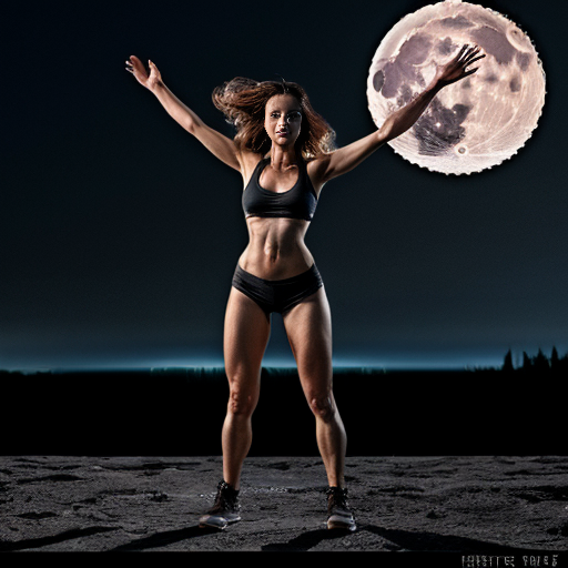 athletic female werewolf shifter. standing in front of the moon. dynamic pose. high quality. in the style of dungeons and dragons.
