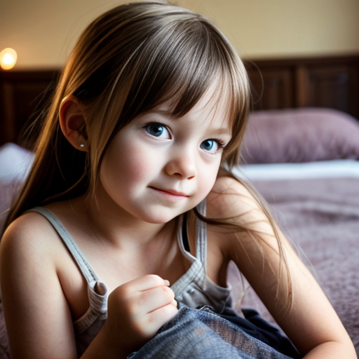 auburn little girl, brown eyed, sitting on bed, on the bedroom, close up