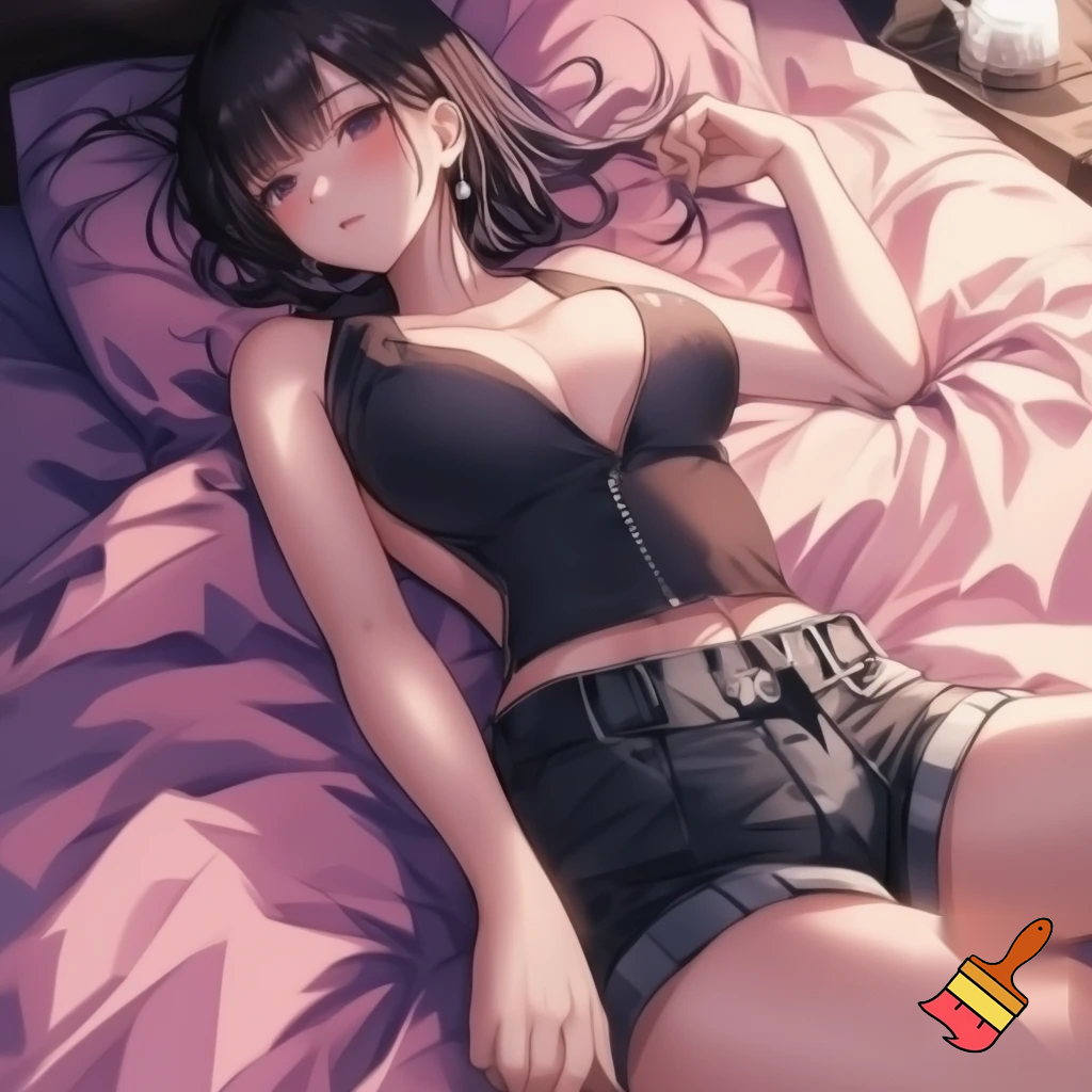 Anime girl 20 years old so cool and cute is dressing an low cut dress and very cool short black jeans in bed make is so anime