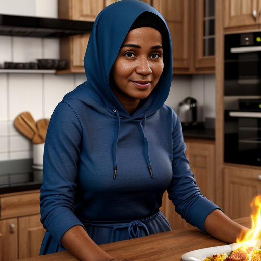 Pixar-style 3D cartoon, bright friendly colors, indoor kitchen scene. Muslim mother, 35-40 years old, fully covered in light blue dress, cooking on the stove. Her son, 20 years old, wearing a blue hoodie and black jeans, short Muslim hairstyle, sitting at the table. Warm lighting, cozy atmosphere, detailed kitchen, natural composition.