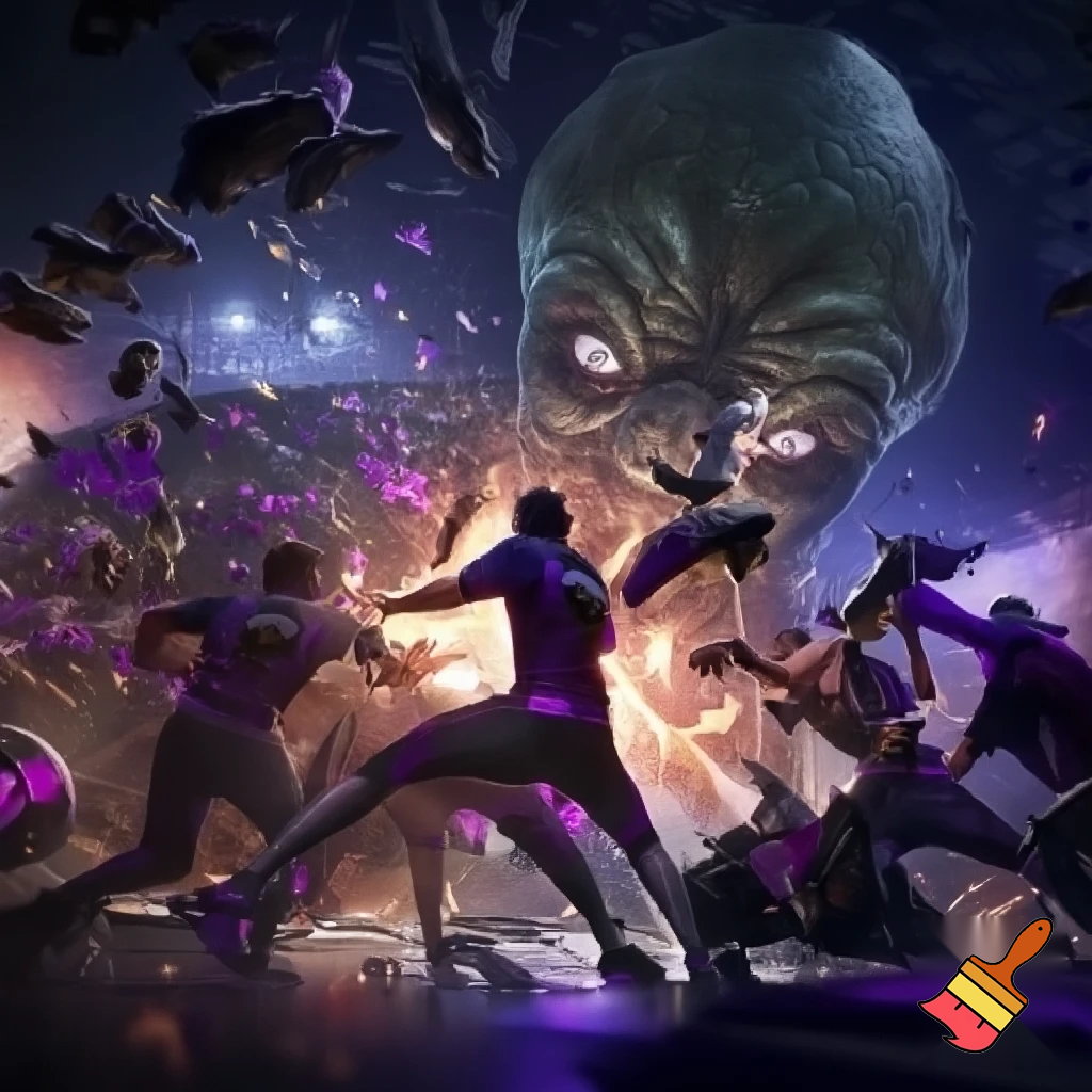 esports team the London royal ravens fighting a big alien wearing mr beasts head