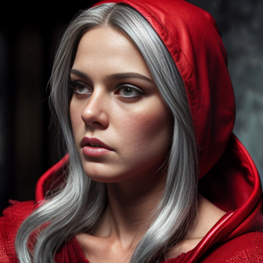cute red riding hood, cinema, realistic, ultrarealistic, sideview, silver hair, strong makeup