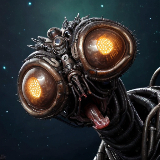 ​A highly detailed, photorealistic biomechanical alien spaceship floating in deep space. The ship is a grotesque, asymmetrical fusion of organic and mechanical parts. Its outer hull features weathered, pale greyish-green chitinous armor plating reminiscent of a giant insect shell, interspersed with exposed, glistening wet red muscles, veins, and gore. Intricate dark metallic cables, segmented robotic joints, and sharp metal spikes weave intricately through the raw flesh. The hull is studded with multiple large, glowing, translucent azure blue dome-like eyes. Near the upper right, a secondary cluster of smaller, glowing yellow and blue robotic eyes emerges from the bloody tissue. At the base is a circular, ribbed, toothy maw with dangling dark red, fleshy biomechanical tentacles and wires extending downward. The background is a breathtaking cosmic vista with vibrant purple and emerald green nebulas, stars, and floating rock debris. Cinematic lighting, hyper-detailed, 8k resolution, macro-photography details on the wet flesh and scratched metal, dark sci-fi, cosmic horror, HR Giger meets David Cronenberg, masterpiece