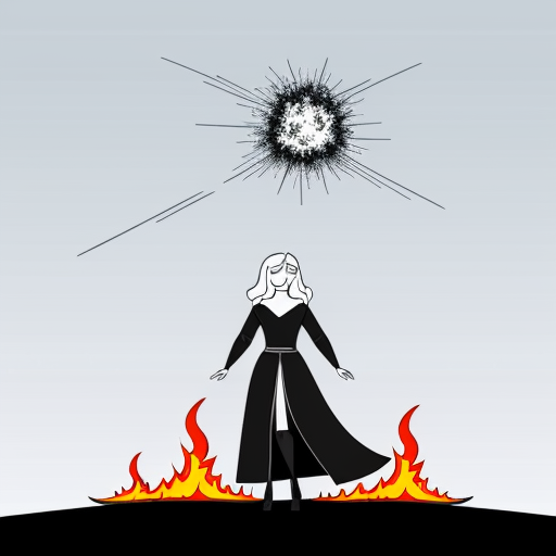 young, tall, white-haired woman in armor stands in front of a burning castle into which meteorites are falling.