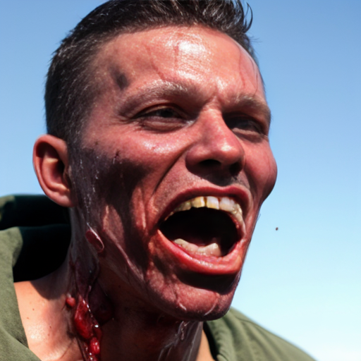 Realistic photographic portrait of a young man in a light green button-up shirt, standing outdoors under a clear bright blue sky, holding a large round transparent glass fishbowl directly in front of his face covering it completely, inside the fishbowl is a grotesque horrific exploded human head made of raw bloody flesh, exposed muscles, dripping viscous fluids and blood, prominent human teeth in a wide open screaming mouth, multiple large bulging bloodshot human eyeballs floating and attached unnaturally, strings of veins and nerves, glistening wet meat textures, hyper-detailed practical special effects makeup and prosthetics style, visceral body horror, photorealistic, sharp focus, natural daylight, high resolution, 8k, RAW photo