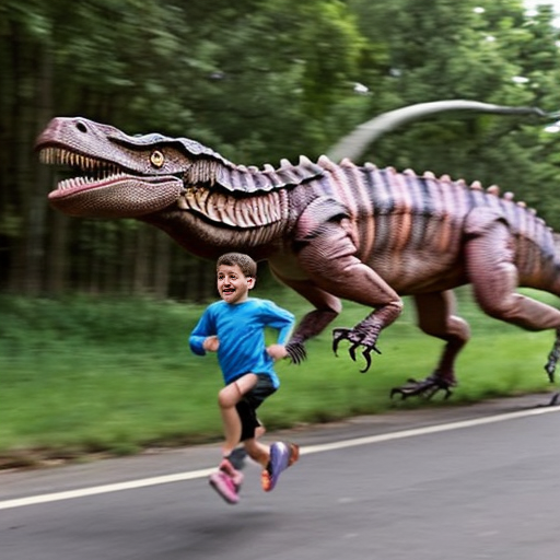 a kid running from a dinasour getting ride by a human
