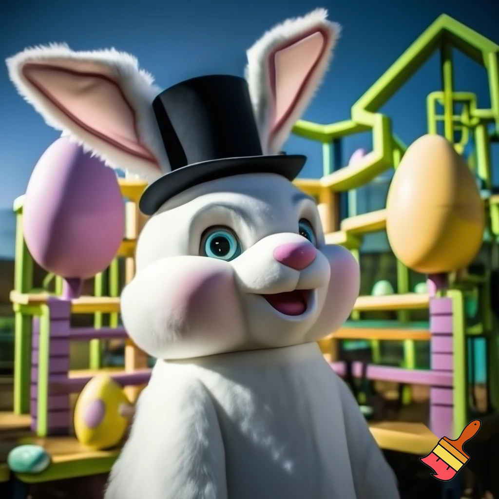 Easter bunny mascot with the top hat costume Easter bunnies maze house