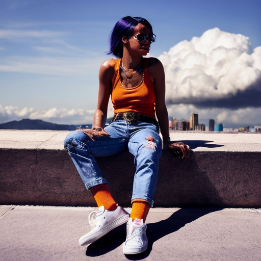 Rihanna orange tanktop belt blue mini jeans purple socks orange and white sneakers on a sitting Cloud in the Sky