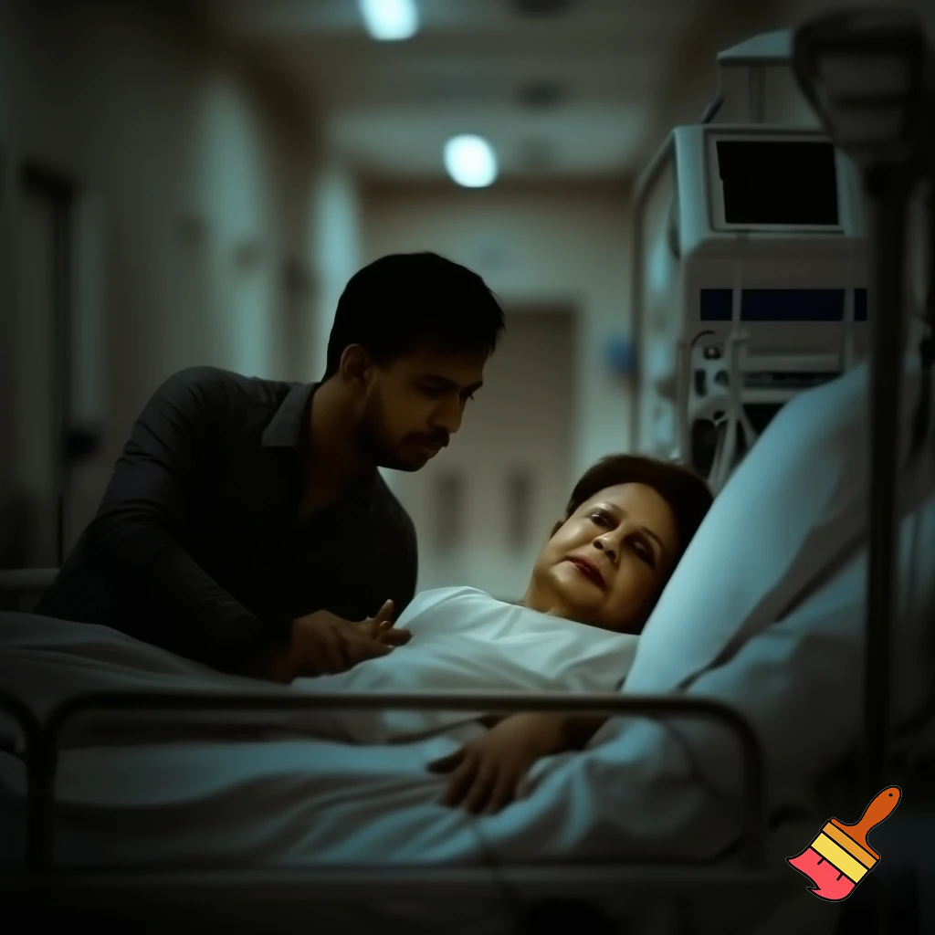 Kannst du ein Bild generieren wie Tarek zia seine Mutter in Krankenhaus besucht während khaleda zia auf dem Bett liegt  