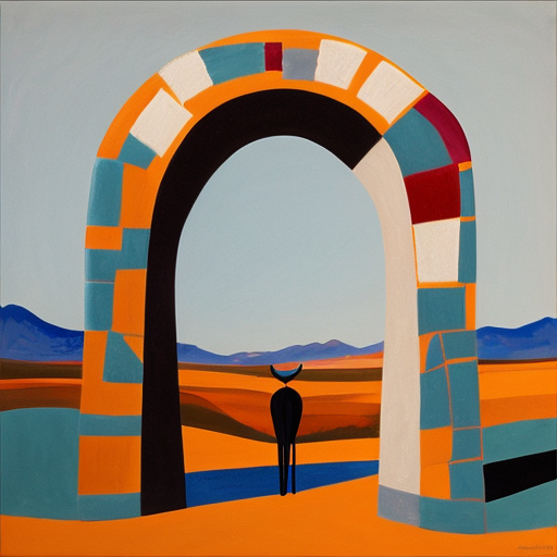 Paint the stones of a desert arch with multiple abstract figures in Tanguy and Matisse style