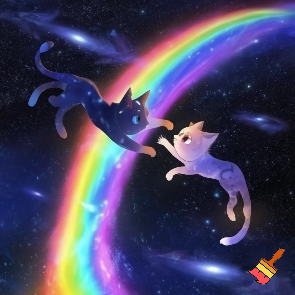 generate me, a cat flying through space with a friend and it has rainbows in the background

