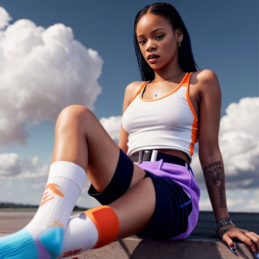 Rihanna orange tanktop belt blue short mini purple socks orange and white sneakers on a sitting Cloud
