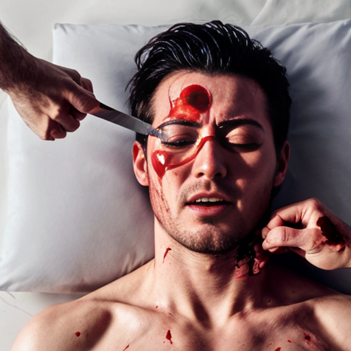 A shirtless man, face are hiding by shirt with cut on eye part, died, chest open wounded, blood everywhere, mouth are bleeding blood, eye closed.