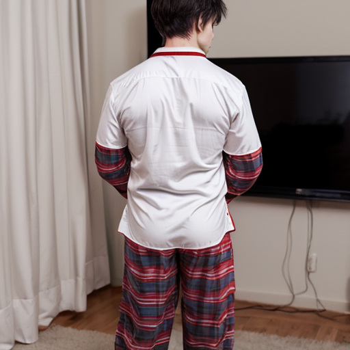 a anime boy
 with red plaid red pajama pants and white shirt standing up



