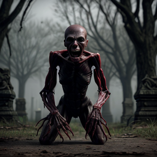 ​Photorealistic horror scene in a foggy, dilapidated cemetery. Three gaunt, emaciated humanoid figures with pitch-black, tar-like skin. The left figure has a head of exposed red flesh, tentacles, and embedded screaming human faces. The center figure's head is split into a gaping fleshy maw with long tendrils, topped with a black human head. The right figure crouches in a predatory stance, its head made of exposed red muscle and facial tentacles. Gloomy overcast sky, bare trees, ruined stone crypts, dead leaves on the ground, cinematic lighting, highly detailed, grimdark atmosphere, 8k.