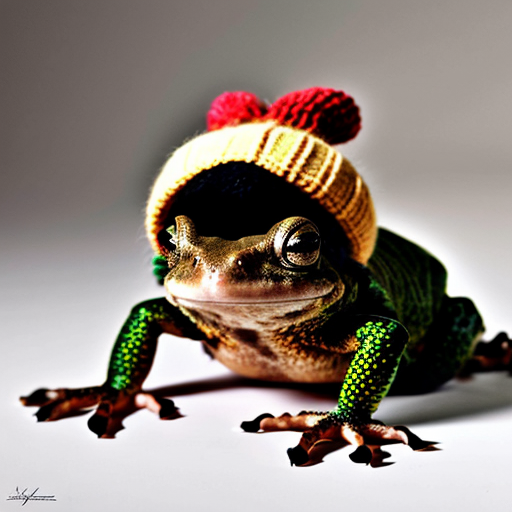 A laughable, puzzled animal toad in woolen, multicoloured winter clothings with woolen, funny winter cap. Hyperrealistic art style.