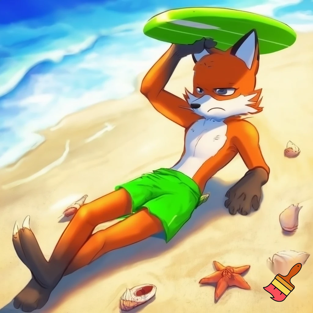 Premise: A tall cartoon male fox that wiped out while surfing ocean waves. He's prostrated on the shore, his green surfboard right on his head He looks pretty annoyed. The fox is wearing green swimming trunks. Beach setting, some seashells and a starfish in the sand, day time. Sonic OC style.