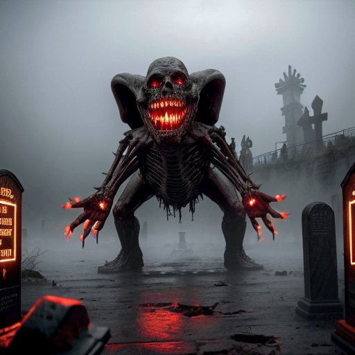 A photorealistic, hyper-detailed dark fantasy horror scene. A colossal, floating bio-mechanical leviathan hovers menacingly over a foggy, desolate graveyard. The creature is a grotesque fusion of rotting, dripping flesh, exposed muscle, and dark metallic machinery, featuring a massive gaping maw with jagged teeth and numerous intensely glowing red optical sensors dotting its body. Viscous gore drips from its underbelly. In the foreground, heavily mutilated humanoid corpses covered in wet blood and raw flesh are rising from muddy, open graves among weathered stone crosses. The atmosphere is grim, cinematic, and terrifying, with thick atmospheric fog, a dark overcast sky, and stark contrast between the desaturated greys of the cemetery and the vivid, glowing crimson reds. Shot on 35mm lens, 8k resolution, highly realistic texturing.