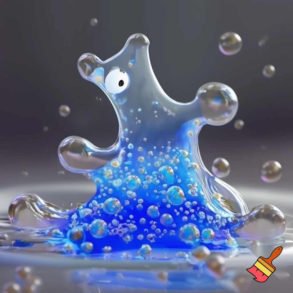 A bouncing slime creature made of bright blue gelatin full of floating bubbles inside. The body stretches and squishes with each movement, translucent and shiny like liquid glass. His expression is joyful and playful, with bubbly energy all around him. He looks friendly, silly and lively, like a magical creature made entirely of cheerful slime.
