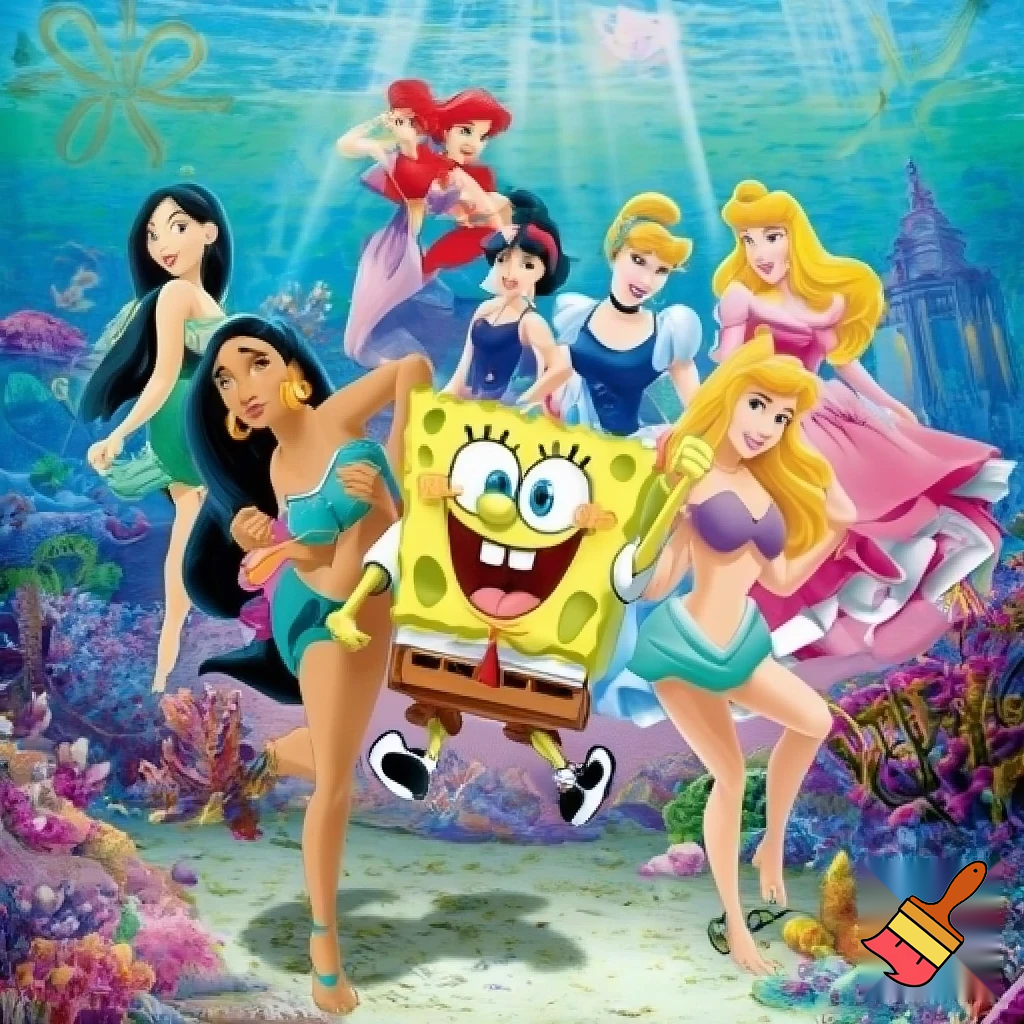 The SpongeBob SquarePants Movie SpongeBob Meets Mulan Jasmine Snow White Ariel Cinderella Pocahontas Belle Aurora In Bikini Bottom 