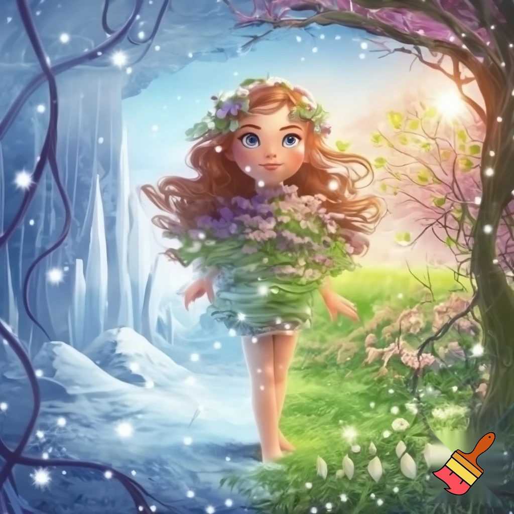  Зима сказочная плавно растворяется и переходит в девушку Весну, природа фэнтези, сказочно, волшебно

