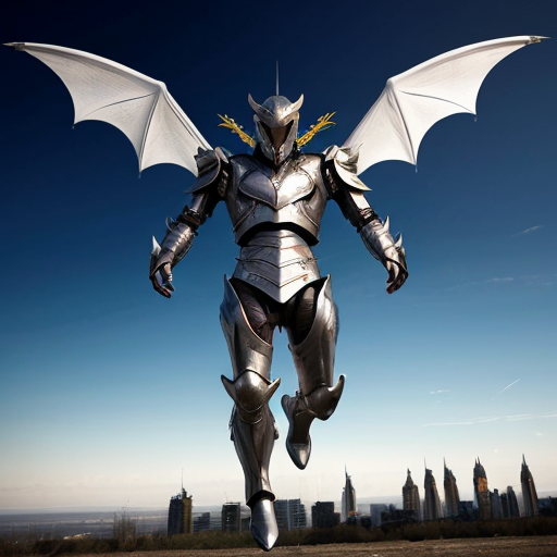 A man in fancy, high tech, and futuristic dragon armor suit in the battlefield, levitating in the air with metal wing