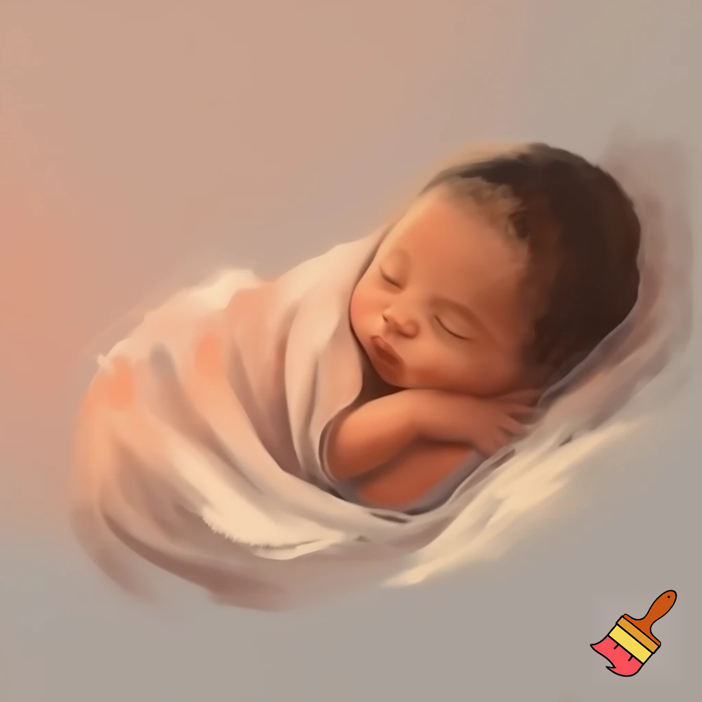 a simple hand‑drawn portrait of a newborn baby wrapped in cloth, soft lines, minimal background, warm muted colors