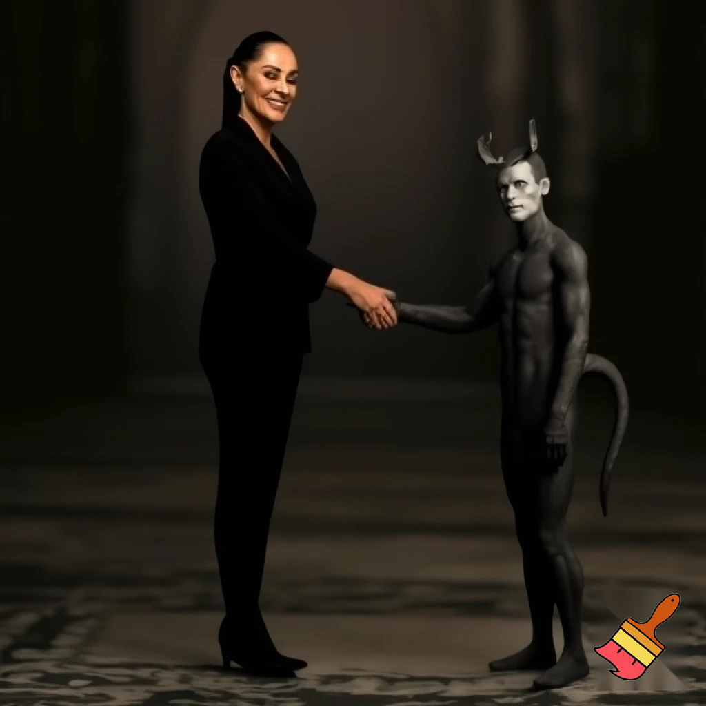 claudia sheinbaum holding hands with the devil and smiling, full body, making deals