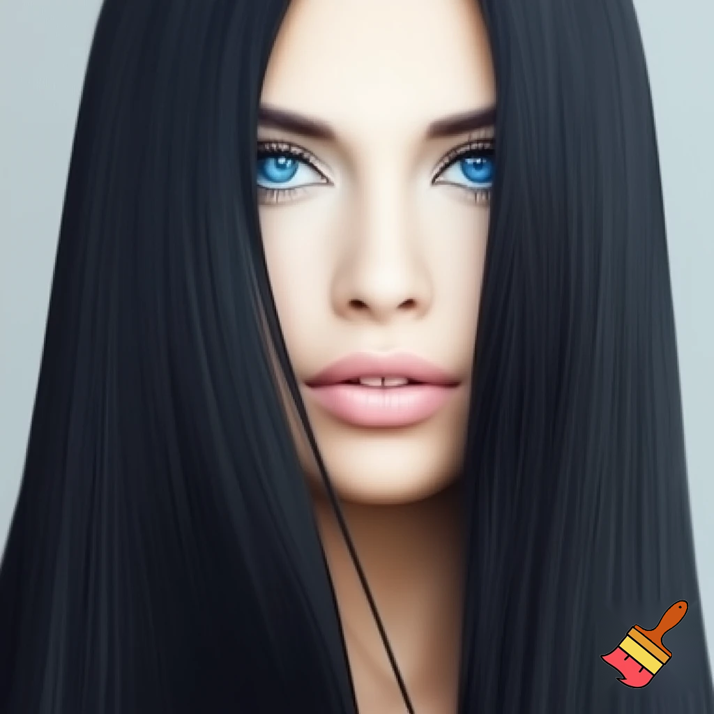 Female long black straight hair , ocean blue eyes, white skin drawing
