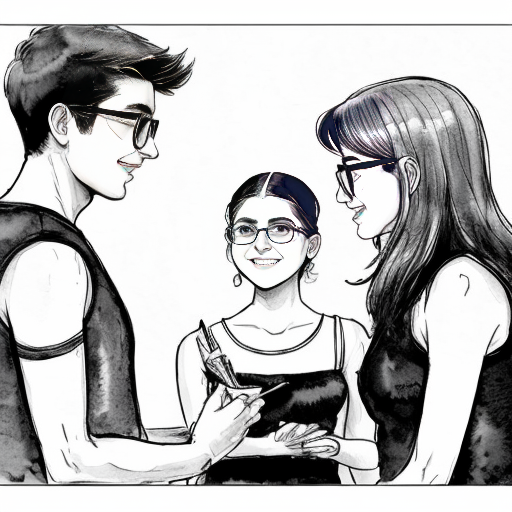 black and white manga style illustration, Indian Christian girl meeting 4–5 guy friends of her best friend for the first time, emotional and cute atmosphere, modern city setting, heroine looking at a tall boy with short straight hair and rectangle glasses, shy smile, expressive eyes, detailed ink line art, Japanese manga style, cinematic composition, manga panel layout, no color
