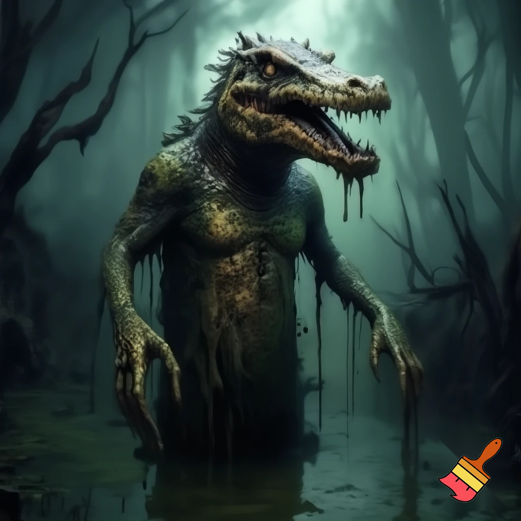 A grotesque, rotting, anthromorphic crocodile creature standing upright, its body covered in black goo, melting, and dripping like sludge, exposing its bones. The skin is swampy green, black, and sickly brown, with patches of rot and ooze and entirely made out of gunk. Eyes bulging in horror, jaw hanging loosely, teeth crooked and partially dissolved and has a deformed smile. The creature’s limbs stretch out as goo drips from its claws exposing its skeletal fingers. It's appearance, also zombie-like and deformed. Surround it with an eerie, fog-filled swamp: twisted dead trees, murky water, dim green-gray light, and a haunting atmosphere. Highly detailed, creepy, and surreal. 