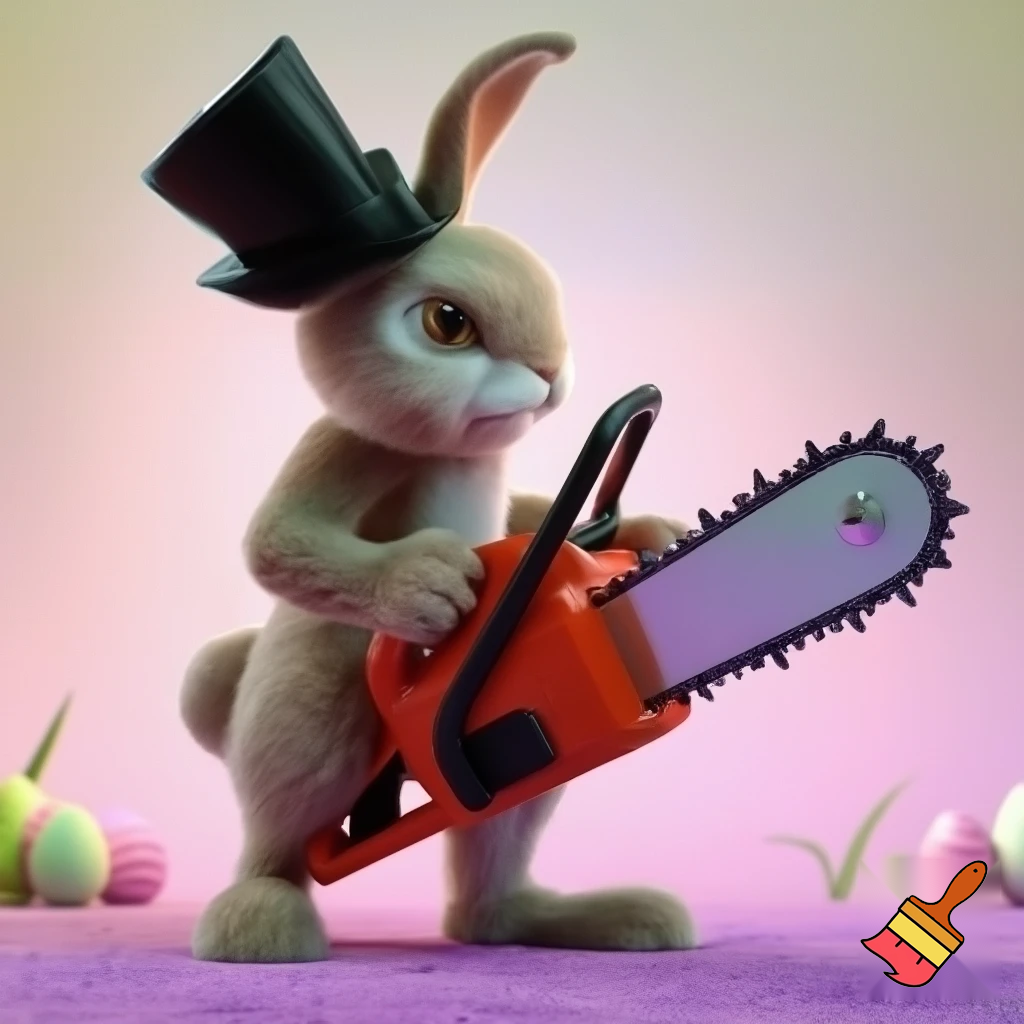 Easter bunny with a chainsaw with a top hat mascot costume