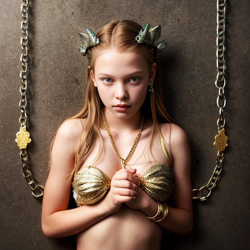 a mermaid teen girl chained with magical gold chains by an evil witch, middle school,