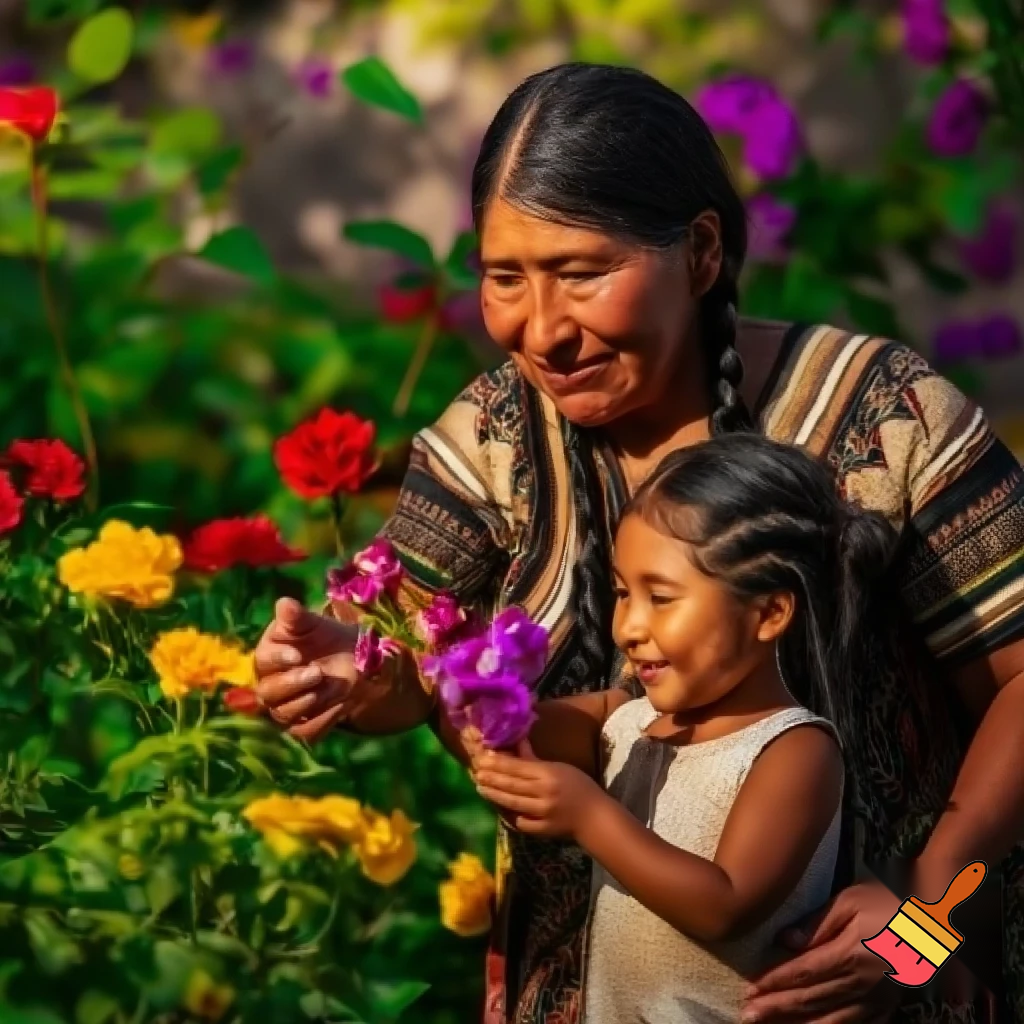Anient Aztec mother and daughter picking flowers from a garden