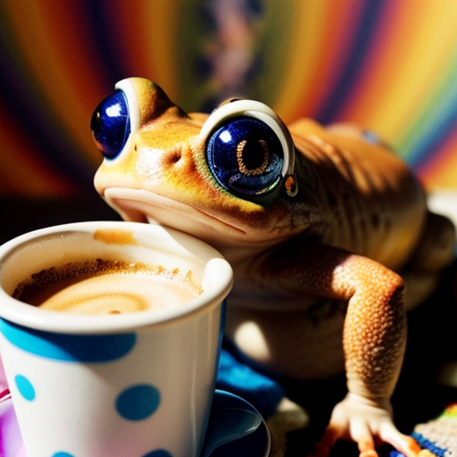 A hillarious, funny boho toad with some hippie colored coffee cups. Psychedelic decorated background, hyperrealistic. Close-up view.