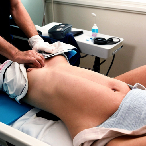 Jennifer Aniston laying in hospital bed legs bent doctor applying sonogram clear gel on belly covered on gel sonogram gel on the lower abdomen, around and below the belly, and doctor's hand with device