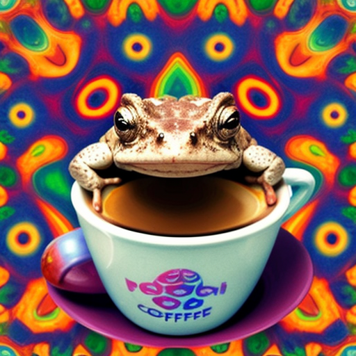 A hillarious, funny boho toad with some hippie colored coffee cups. Psychedelic decorated background, hyperrealistic. Close-up view.