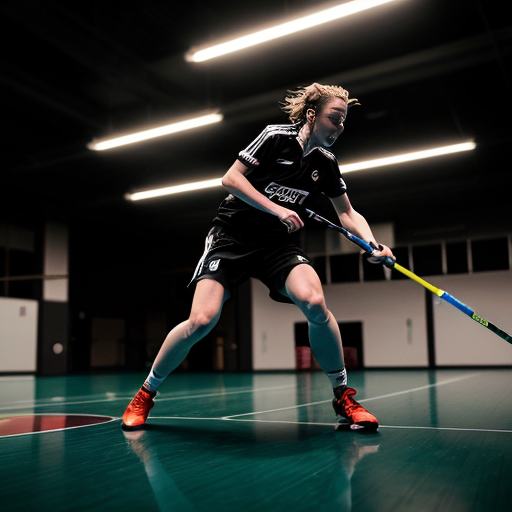 Dynamic action shot of a professional floorball player shooting with the "RAGE STRIKE PRO" stick. Motion blur on the ball, aggressive posture, arena lights glowing in the background. Matte black carbon shaft with blood-red torn graphics clearly visible. Red lighting atmosphere, sweat particles in air, intense sports photography, shallow depth of field, high shutter speed effect, ultra-realistic, cinematic, 8K.