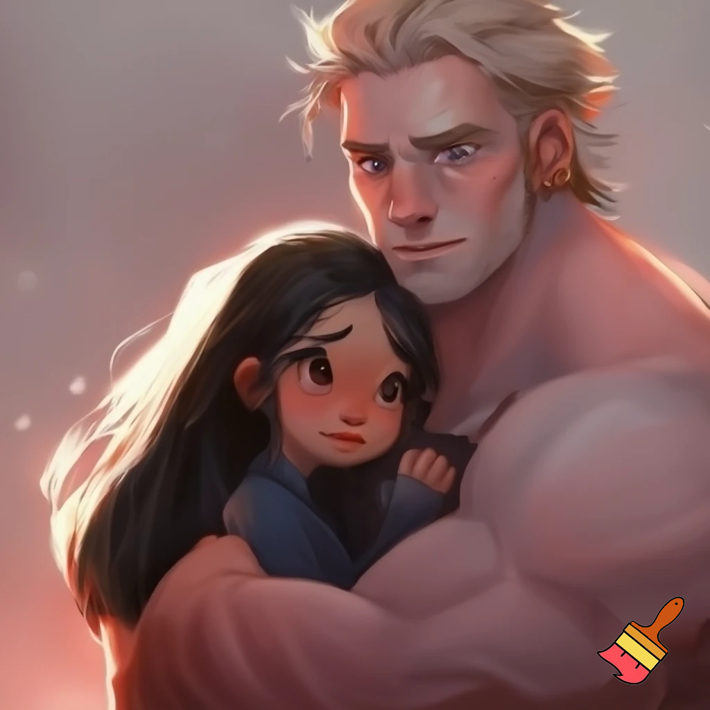 A happy couple, cute, small young woman of Asian descent, with pale skin, put emphasis her cuteness, beauty, femininity, neoteny and innocence , give her large cute neotenous eyes, give her black beautiful flowing hair, warmly hugged by a massive, handsome, heavily white, nordic, European built man with blond hair hair, who conveys intimidating strength but maintains a calm demeanor