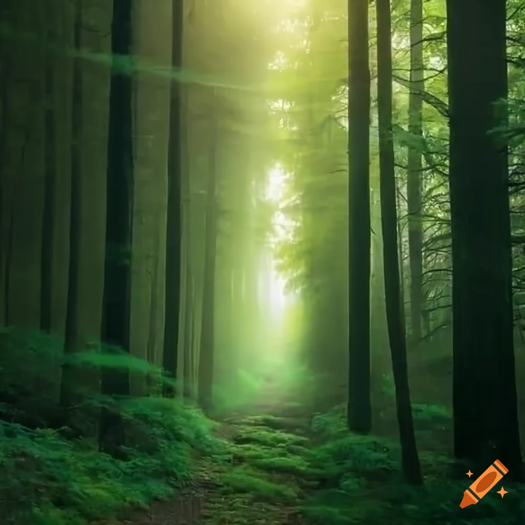 dense forest with hiking path and sunrays peeking through trees