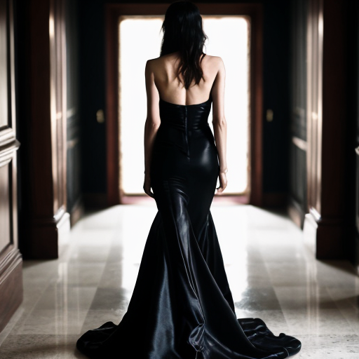 cinematic luxury advertisement, dark elegant hallway interior, marble floor reflecting faint light, sophisticated woman in black evening dress walking forward, long dark hair, confident posture, focus on her right hand wearing a delicate diamond ring glowing softly, the ring is the only light source illuminating part of the hallway, dramatic shadows, high-end jewelry commercial style, photorealistic, shallow depth of field, 85mm lens, luxury fashion cinematography, moody black and gold color palette
