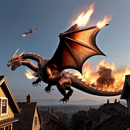 Draw me a mythological dragon flying through the sky above a village, breathing fire on the houses