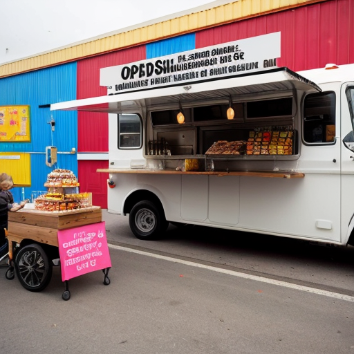 Geöffneter Foodtruck der Süßigkeiten verkauft vor einer Schule mit Kindern und großer Aufschrift AvW SchulShop 