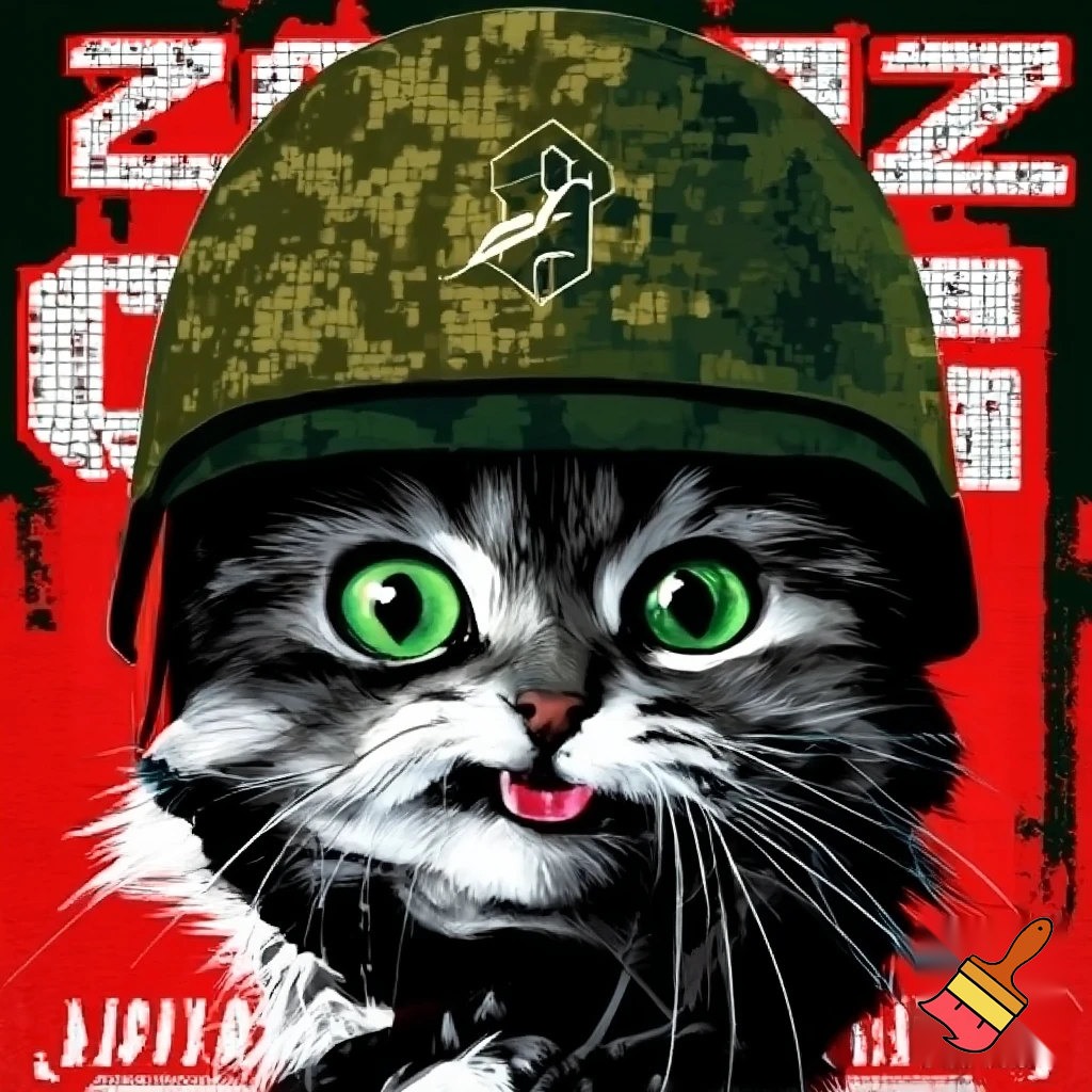 A hyper-realistic close-up portrait of a fluffy gray Siberian cat with bright green eyes, sticking its tongue out playfully. The cat is wearing a digital pixelated camouflage military helmet. The style is a Soviet-era military propaganda poster or socialist realism, with bold stylized graphics, high contrast, and a limited color palette of olive green, black, red, and white. In the background, bold Cyrillic text in red and white: at the top "БООРУЖЕННЫЕ СИЛЫ РОССИИ" (Armed Forces of Russia) and at the bottom "KAMAZ". The letter "Z" is prominently displayed on the side of the helmet or in the background. The image has a slightly grainy, vintage print texture. The mood is ironic and humorous, mixing cuteness with military aesthetics. --style raw --ar 2:3