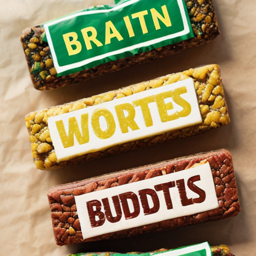 generate an image of a protein bar which is yellow and green with the words little bits on it