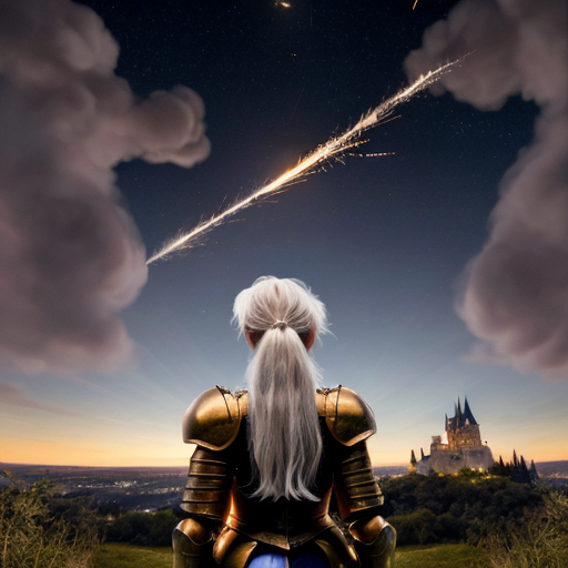 young white-haired woman in armor watches as meteorites fall on her castle