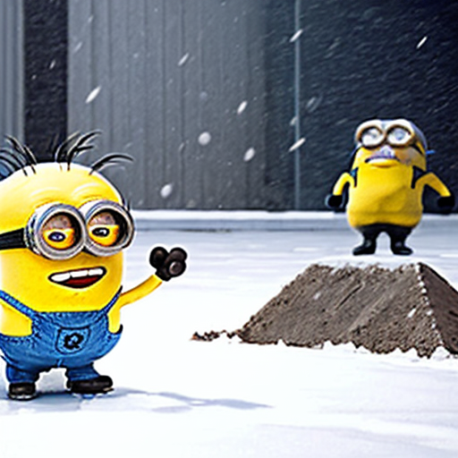 6 elmos in a circle pointing at an angry minion sitting in the middle of the elmos. Outside in the snow. A group of minions with shovels are coming in the background to save the minion.