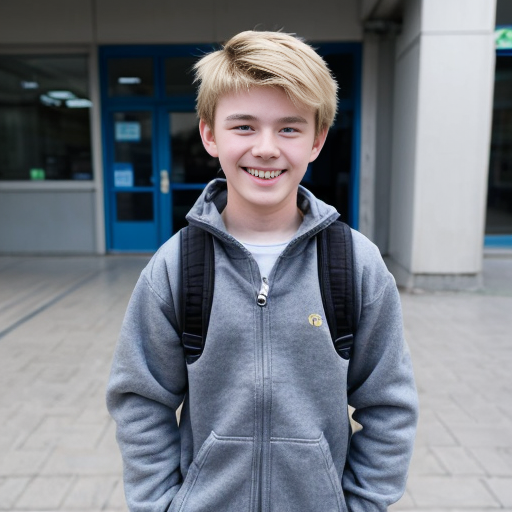 16 years old boy with blond hair, blue eys but a very small figure, he is not taller than a 4 years old boy. He is wearing a grey fleece jacket  with open zip and a blue tshirt, short jeans and a blue school backpack looking real. He is smiling and on the way home from school
