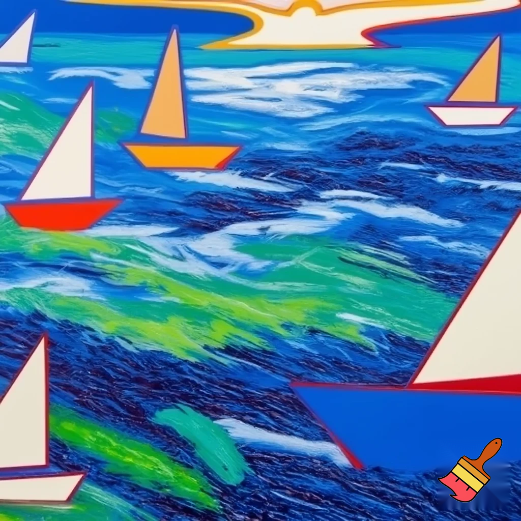 postmodern acrylic painting sea and boats 