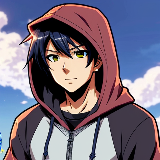 black anime teenage boy wearing a dark blue hooded jumper with the hood up and his eyes are bright purple